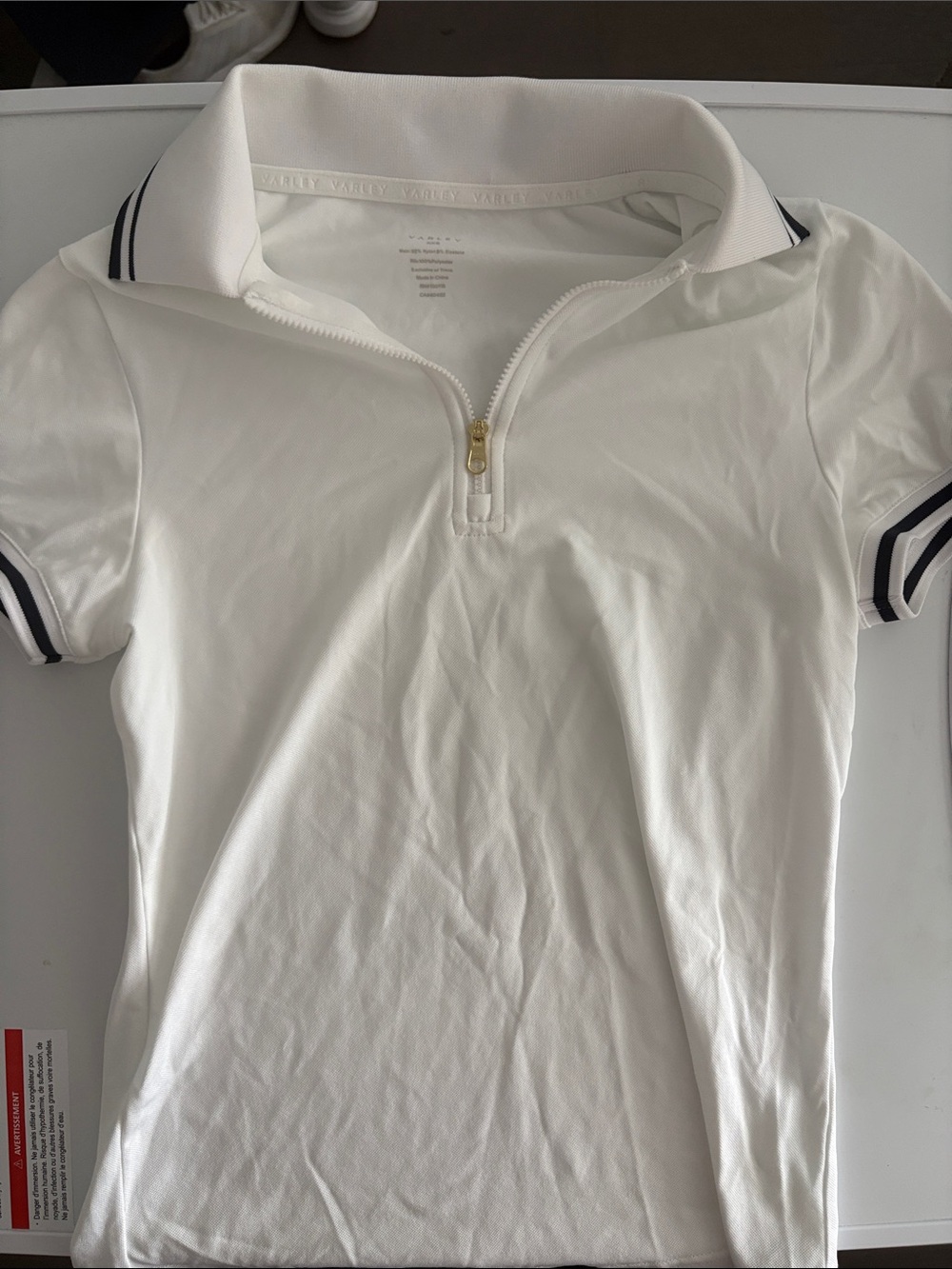 Varley White Cropped Zip Polo with Navy Stripe Trim